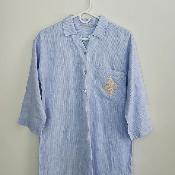 Soft Surroundings Linen Maxi Dress Blue White Striped Embroidered Side Slits S - Picture 2 of 11